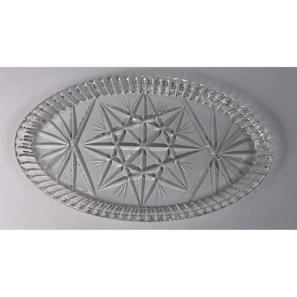 Vintage Clear Glass Oval Relish Dish Starburst‎ Pattern Scalloped Edge Tray